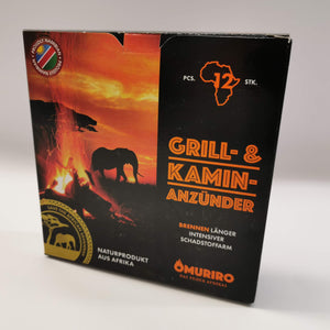 Grill- und Kamin Anzünder der Marke Omuriro. Brennen länger, intensiver und schadstoffarm. Naturprodukt aus Afrika. 12 Stück. 